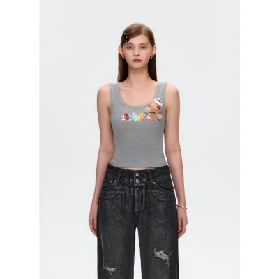13DE MARZO Embroidered Colour-block Letter Tank Grey