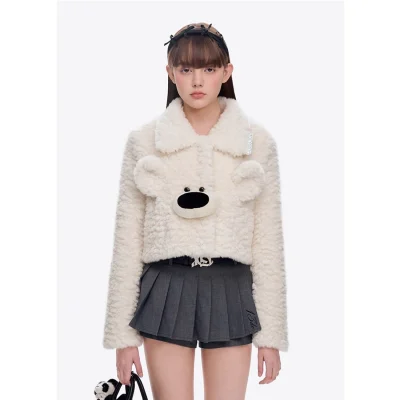 13DE MARZO Bear Face Faux Fur Coat White