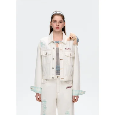 13DE MARZO Plaid Cuffed Sleeve Denim Jacket White