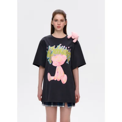 13DE MARZO Illustrated Colourful Bear T-Shirt Dark Grey