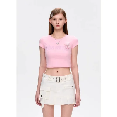 13DE MARZO Rhinestone Cropped Top Pink