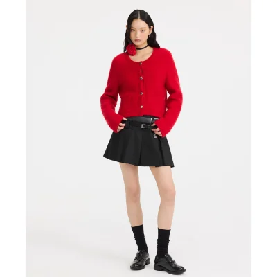 REVAN Ebony Leather-Denim Pleated Mini Skirt Dark Grey