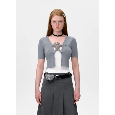 13DE MARZO Bear Buckle Thin Cardigan Grey
