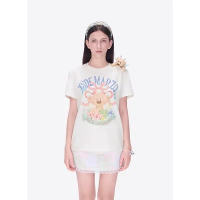 13DE MARZO Floral Bear Illustration T-Shirt White