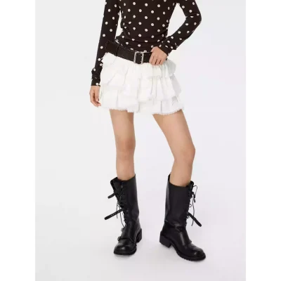 REVAN Tiered Ruffle Mini Skirt White