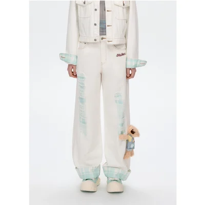 13DE MARZO Plaid Cuffed Sleeve Denim Pants White