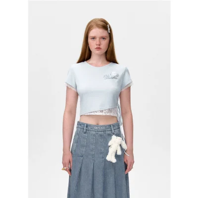 13DE MARZO Bear Lacy Tight Short Top Blue