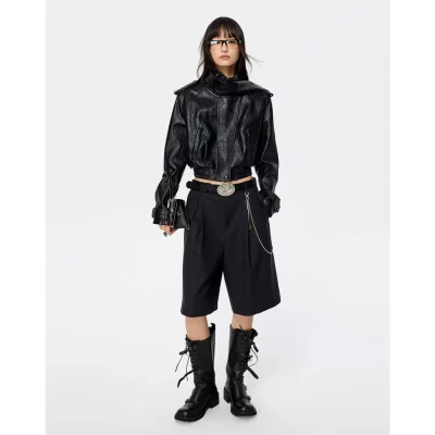 REVAN Cropped Moto Jacket with Buckle Detail Black