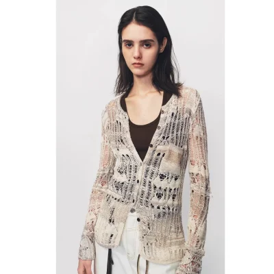 AVVENN Distressed Script Mesh Knit Top Beige