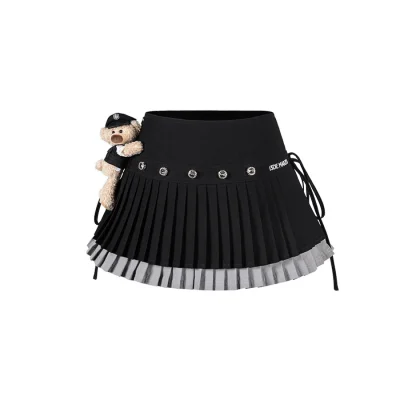 13DE MARZO Faux Rhinestones Double-Layer Pleated Skirt Black