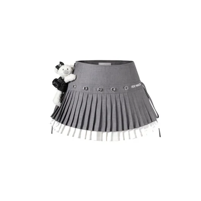 13DE MARZO Faux Rhinestones Double-Layer Pleated Skirt Grey