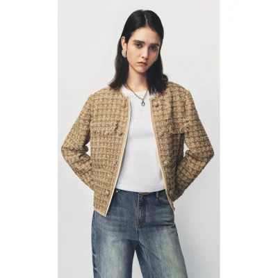 AVVENN Golden Tweed Cropped Jacket
