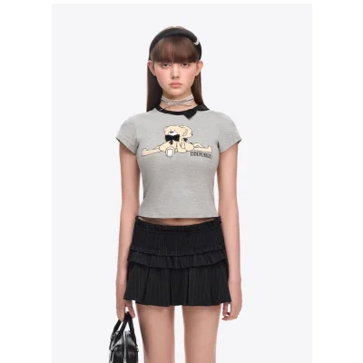 13DE MARZO Doozoo Ribbon Collar Slim Top Grey