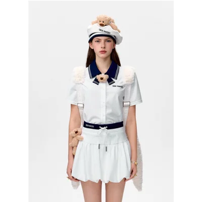 13DE MARZO Bear Sailor Collar Shirt White