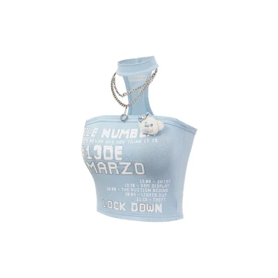 13DE MARZO Silver Foil Chain Print Bustier Top Blue