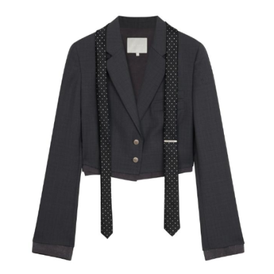 REVAN Cropped Blazer with Ribbon Tie Details Black