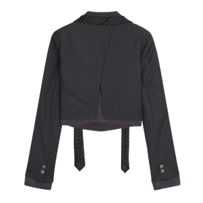 REVAN Cropped Blazer with Ribbon Tie Details Black