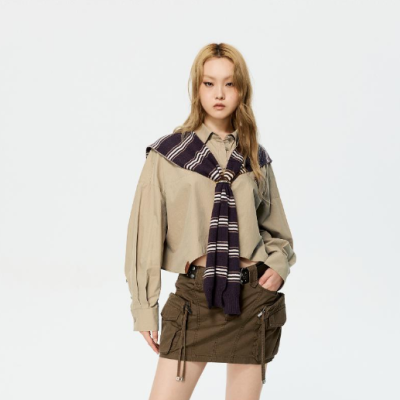 REVAN Khaki Cropped Shirt with Plaid Scarf Overlay