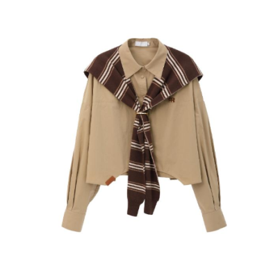 REVAN Khaki Cropped Shirt with Plaid Scarf Overlay