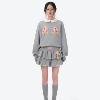 13DE MARZO x RONRON Double Ribbon Bear Sweater Grey