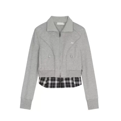 REVAN Grey Zip-Up Sweatshirt with Plaid Hem