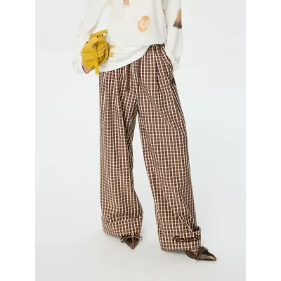 REVAN Retro Brown Plaid Drawstring Wide-Leg Pants