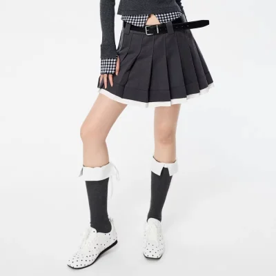 REVAN Black Pleated Mini Skirt with Grommet Belt