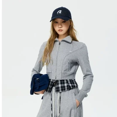 REVAN Grey Zip-Up Sweatshirt with Plaid Hem