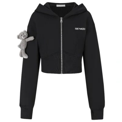 13DE MARZO Tapered Waist Bear Zip Hoodie Black