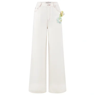 13DE MARZO Floral Bear Pocket Print Jeans White