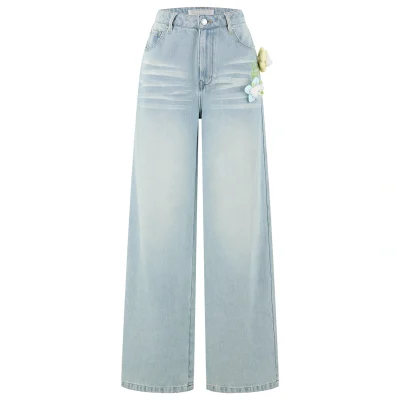 13DE MARZO Floral Bear Pocket Print Jeans Blue