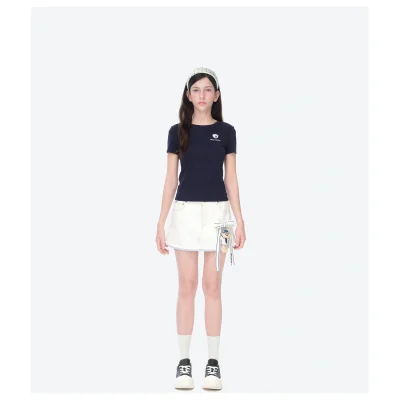 13DE MARZO Sailor Bear Denim Skirt White