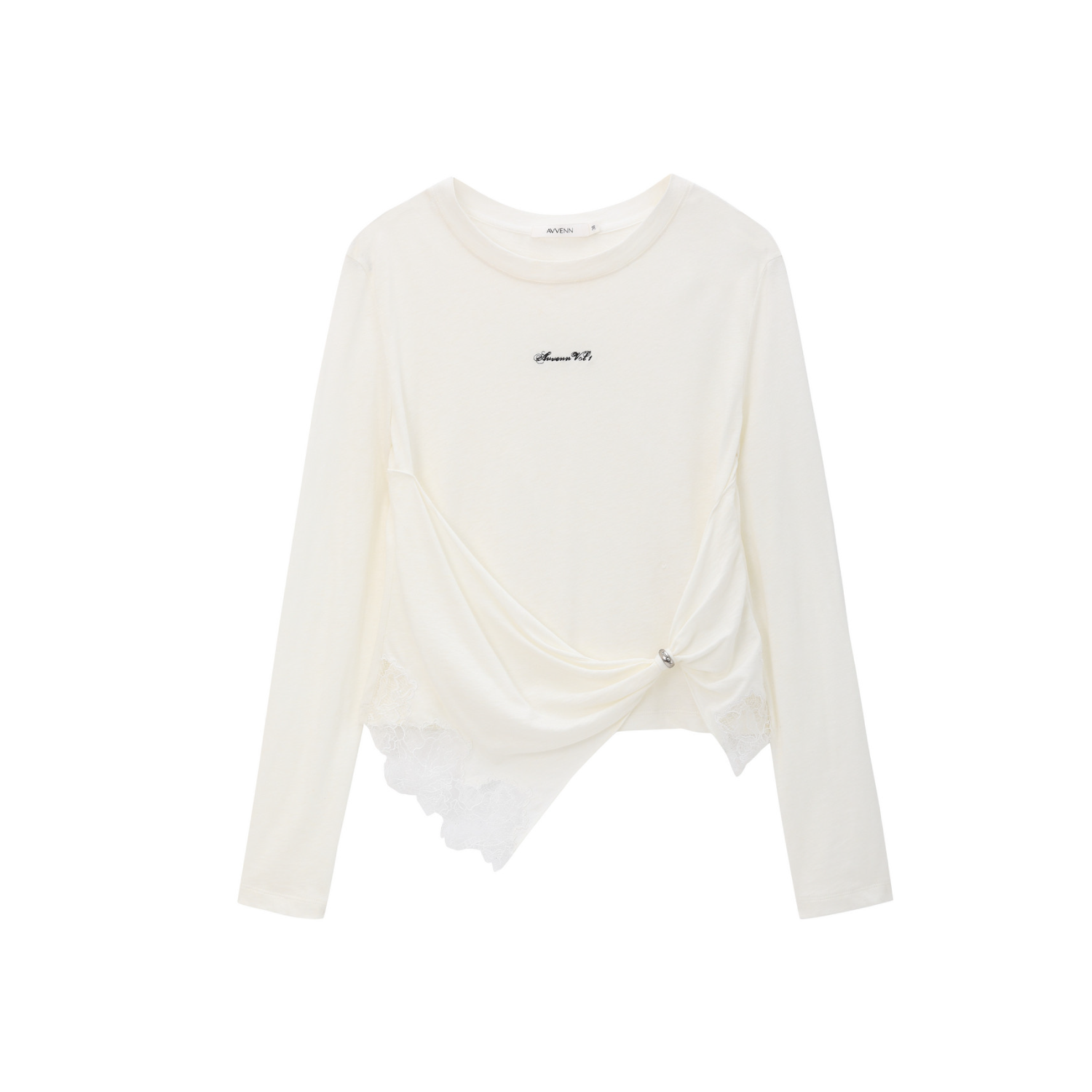 AVVENN Asymmetric Lace Trim Slim Top Beige