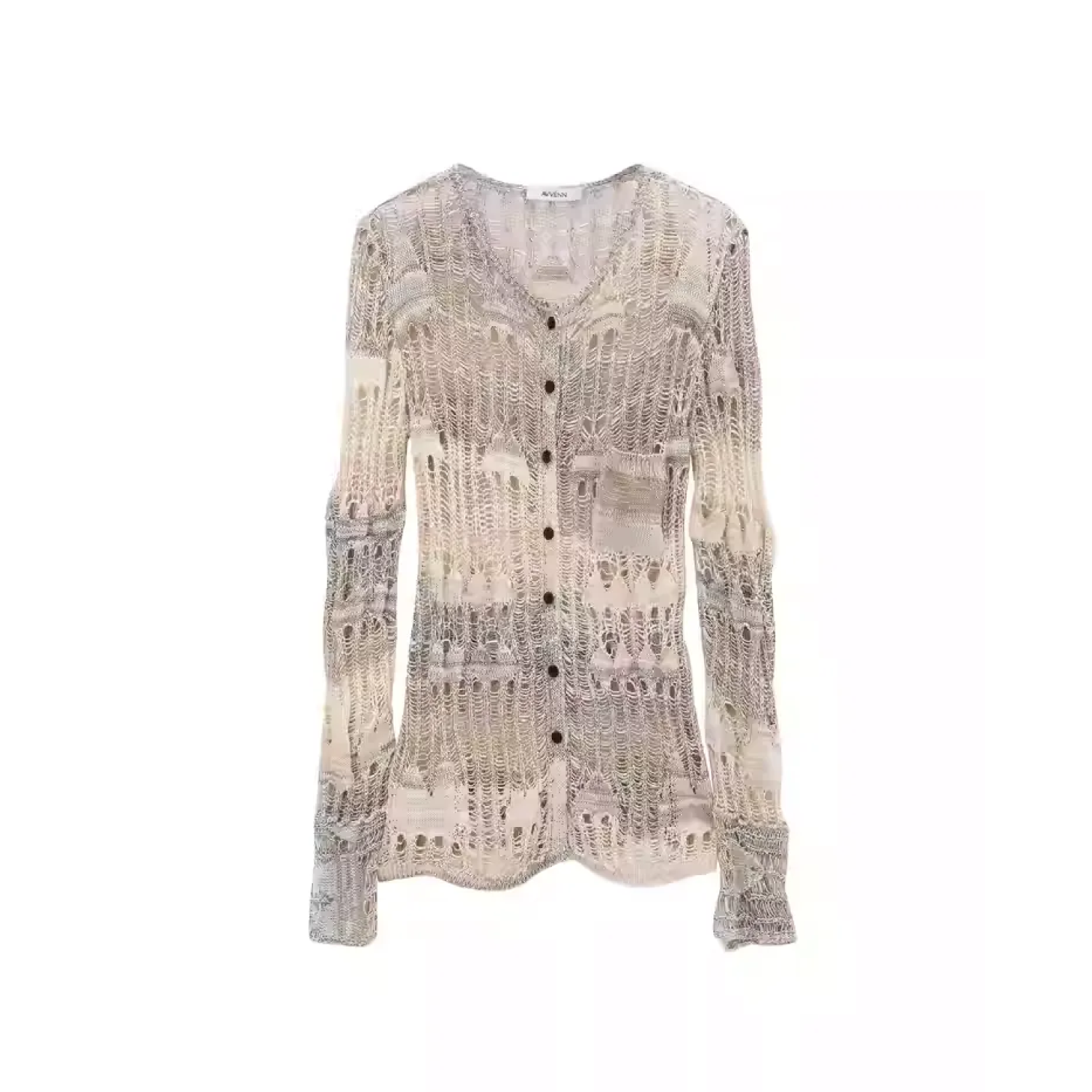 AVVENN Distressed Script Mesh Knit Top Beige