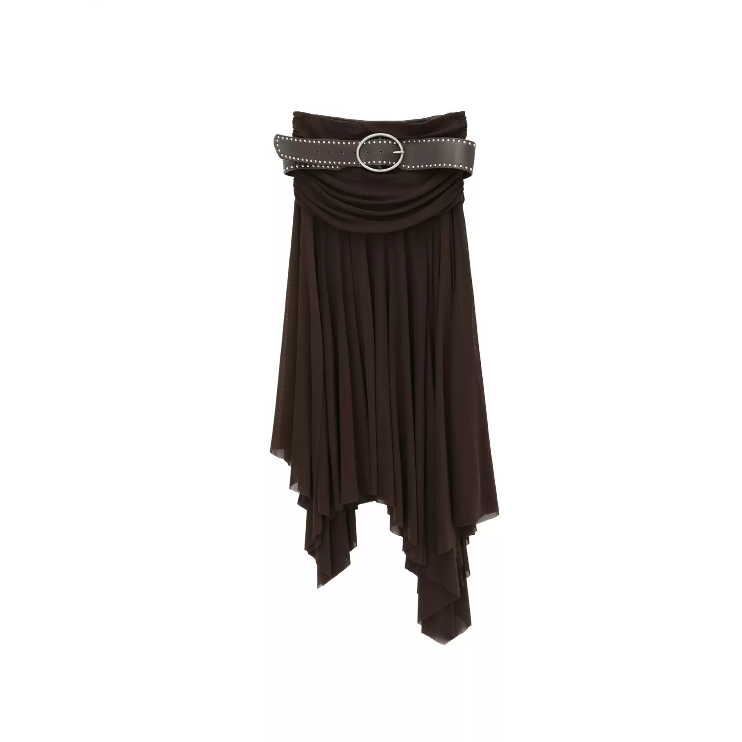 AVVENN Studded Belt Asymmetric Knit Skirt Chocolate