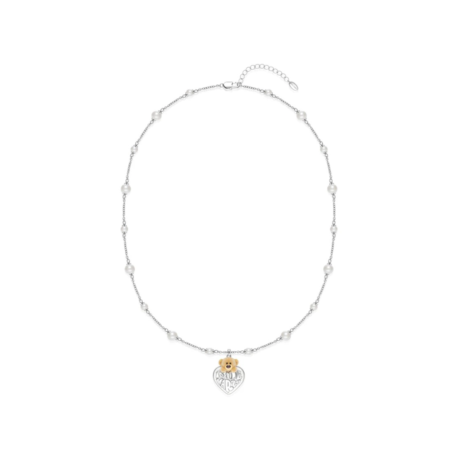 13DE MARZO Bear Heart Pearl Long Necklace Silver
