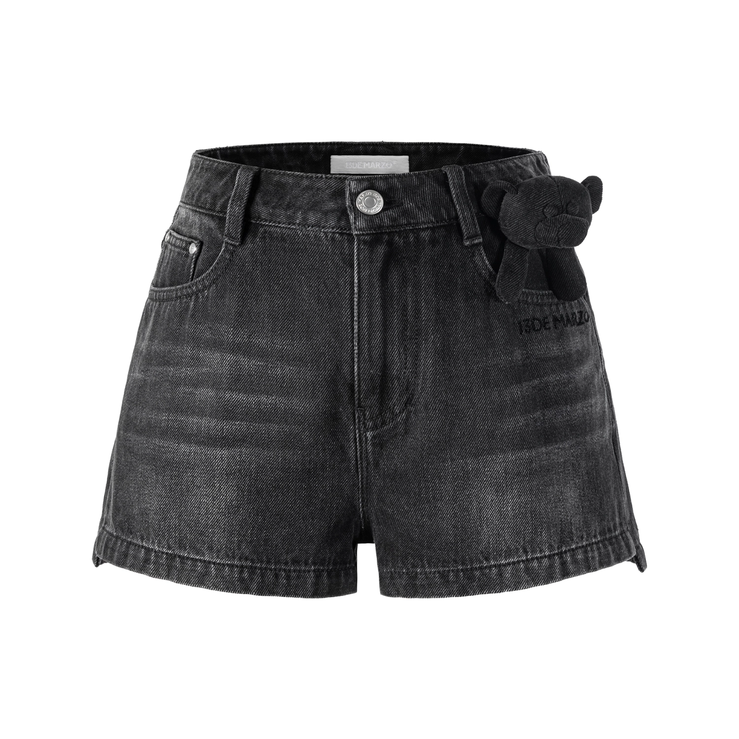 13DE MARZO Denim Frayed Embroidered Shorts Black