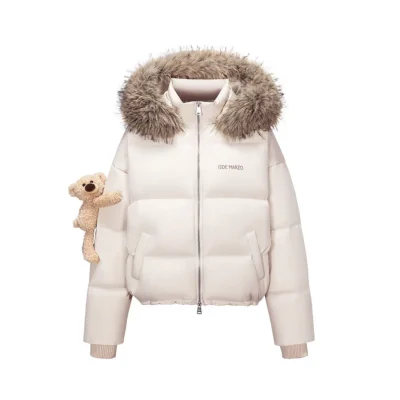 13DE MARZO Bear Fuzzy Hood Down Jacket Almond
