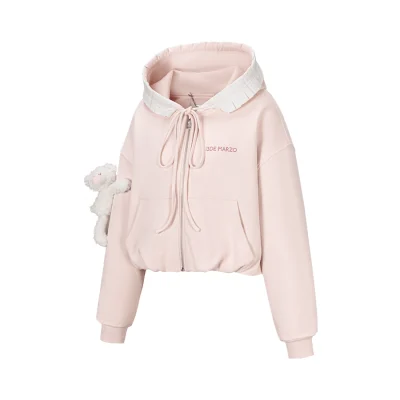 13DE MARZO Lace Edge Zip Hoodie Pink front view