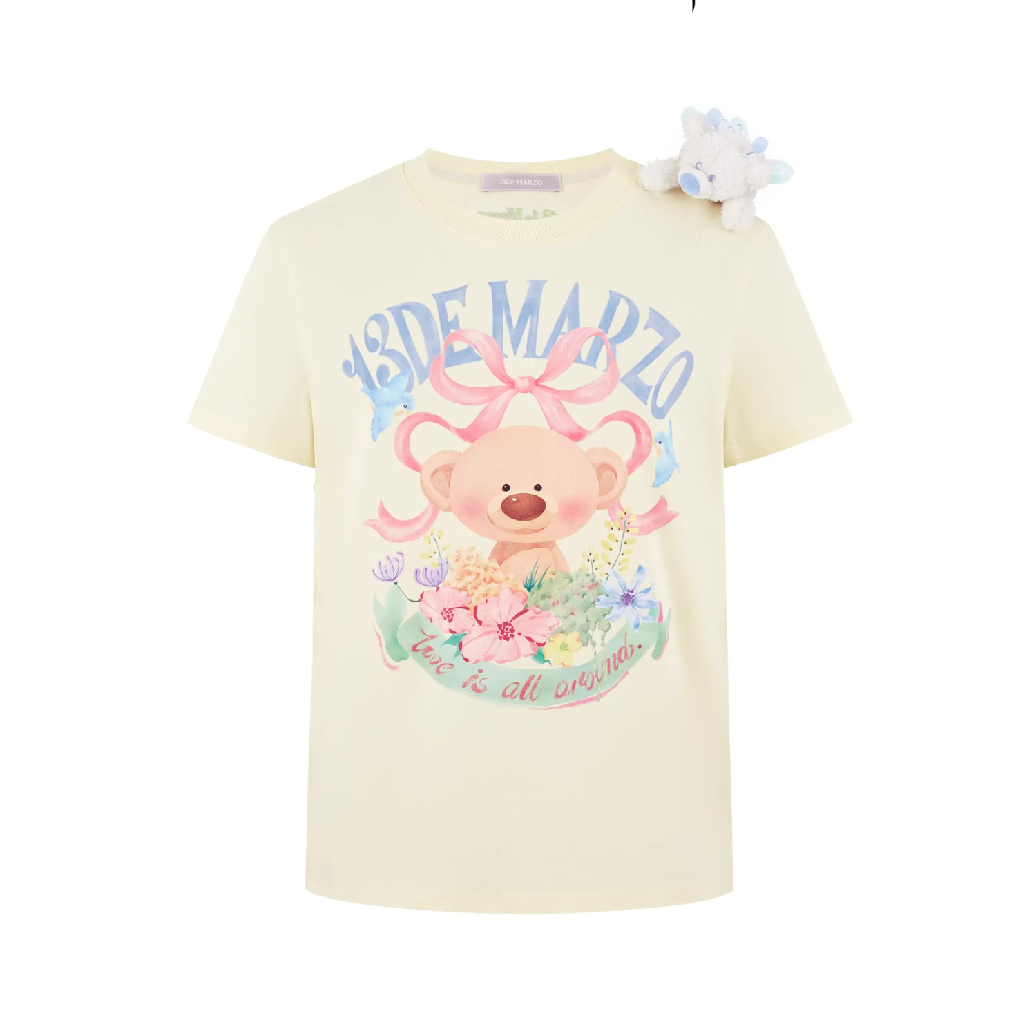 13DE MARZO Floral Bear Illustration T-Shirt Yellow