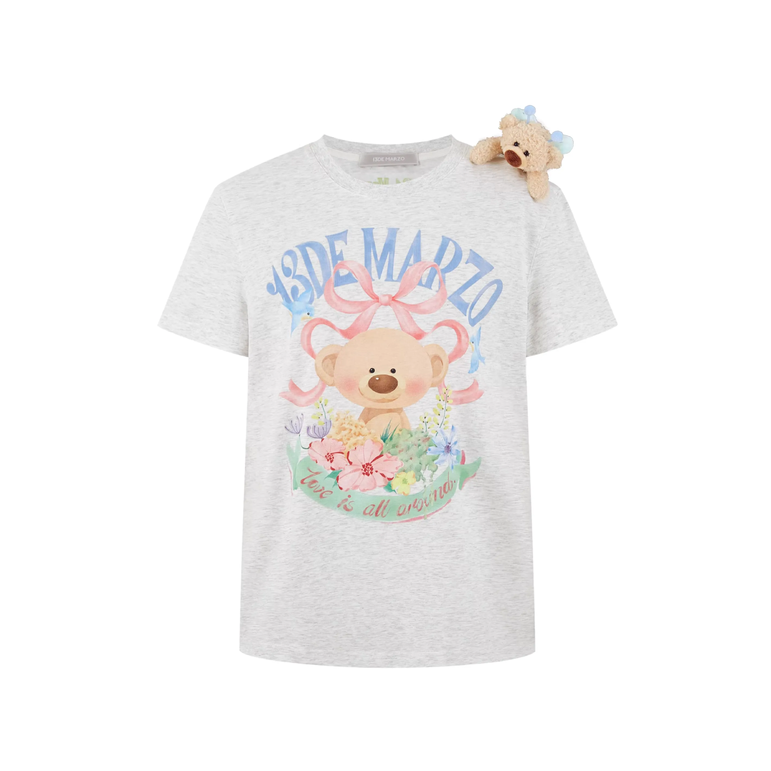 13DE MARZO Floral Bear Illustration T-Shirt Grey