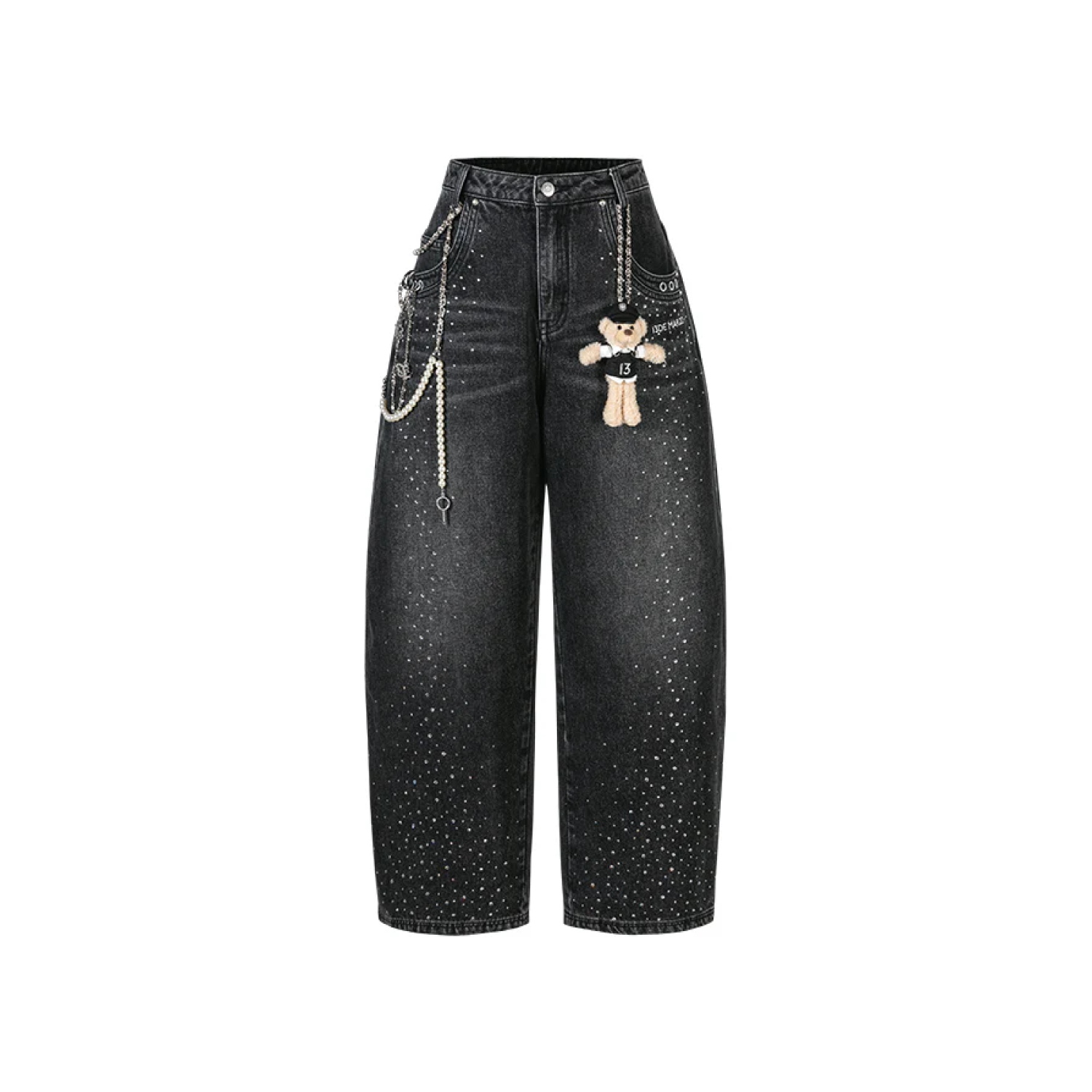 13DE MARZO Faux Rhinestones Pearl Chains Jeans Black