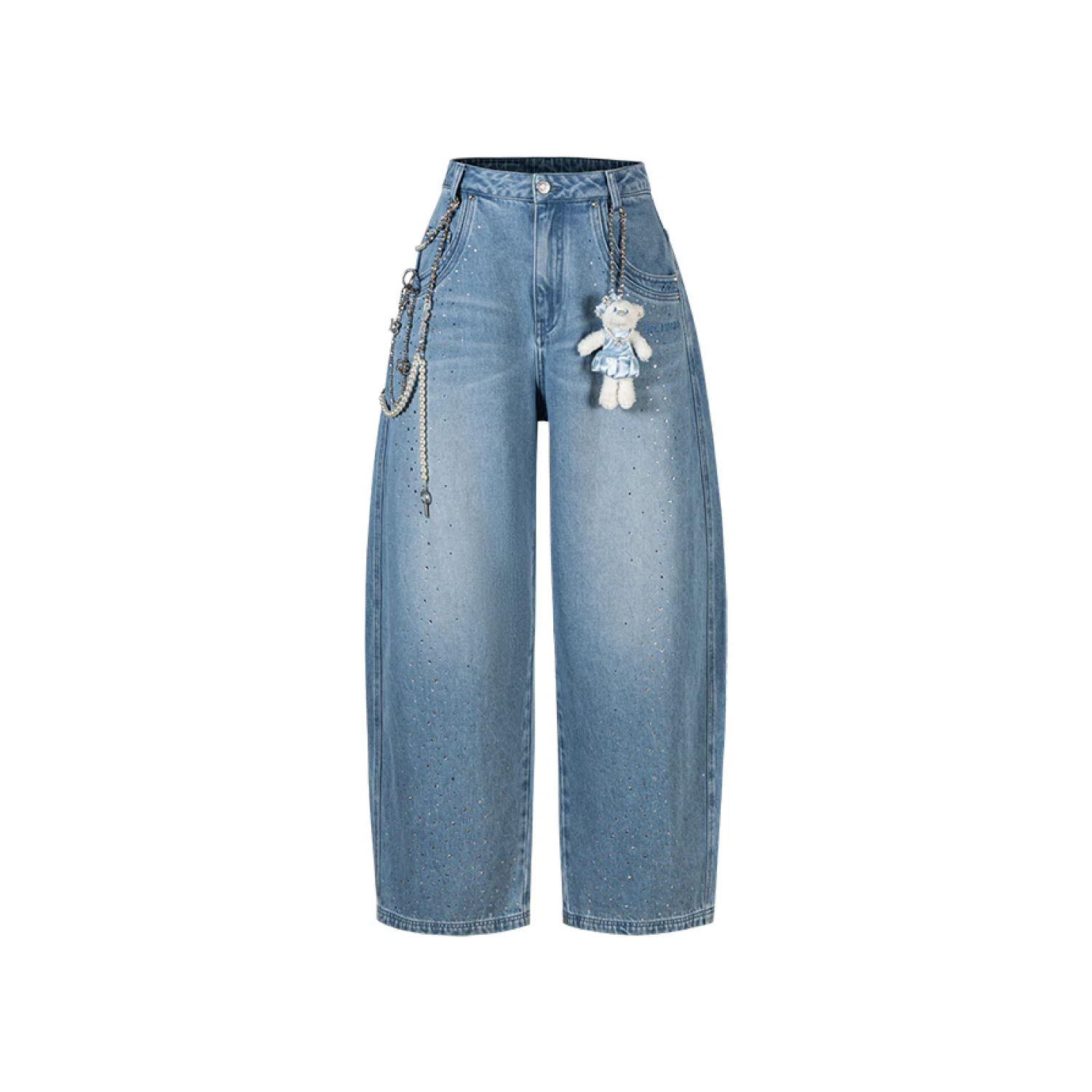 13DE MARZO Faux Rhinestones Pearl Chains Jeans Blue