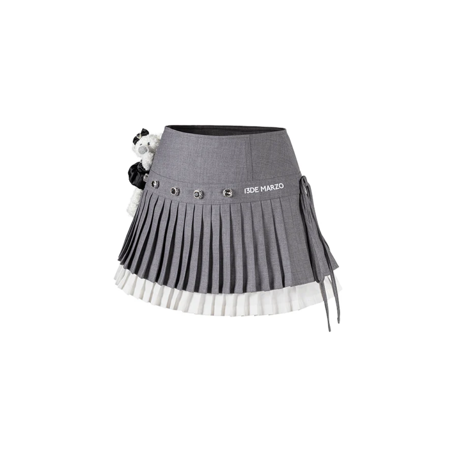 13DE MARZO Faux Rhinestones Double-Layer Pleated Skirt Grey fabric detail