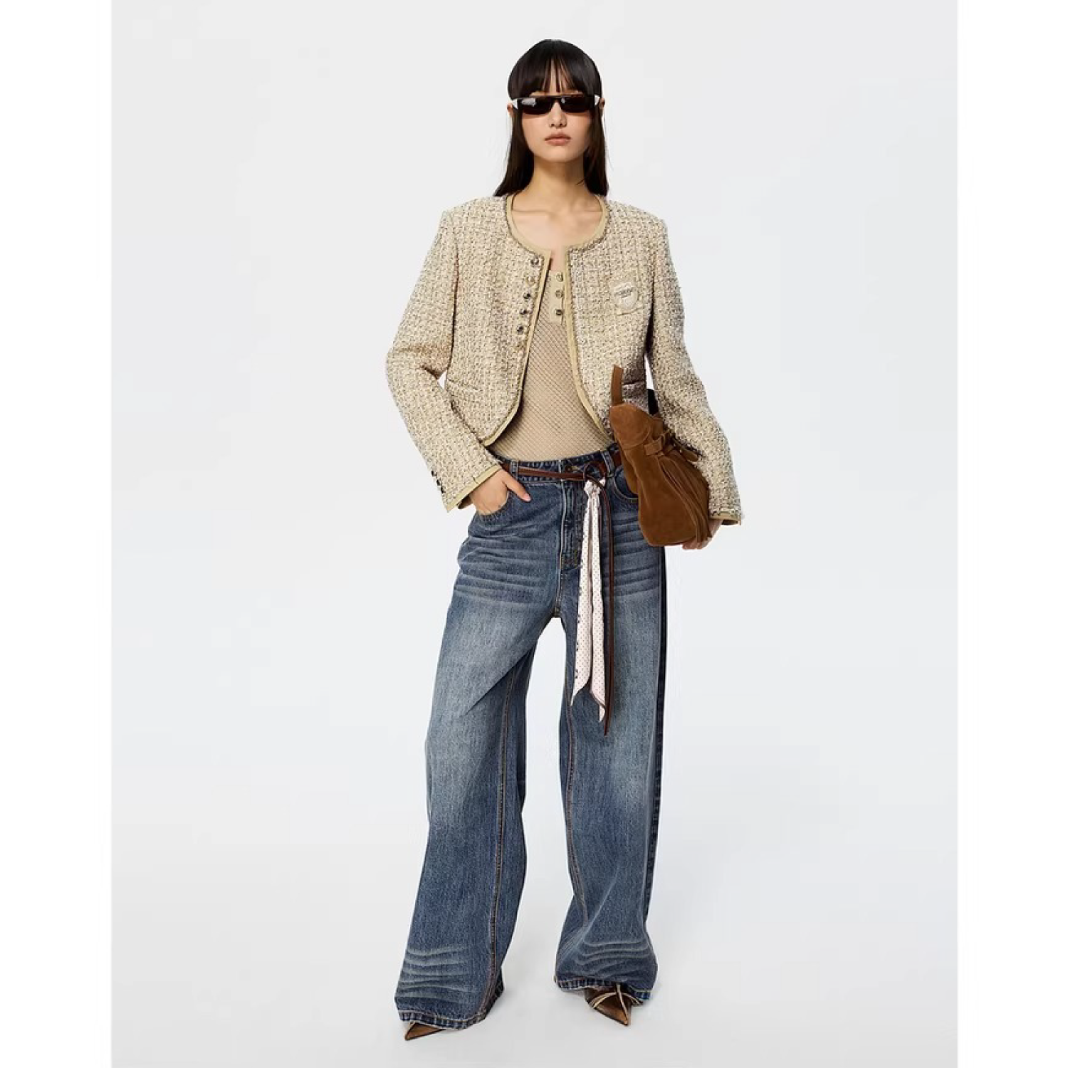 REVAN Beige Tweed Cropped Jacket with Raw Hem