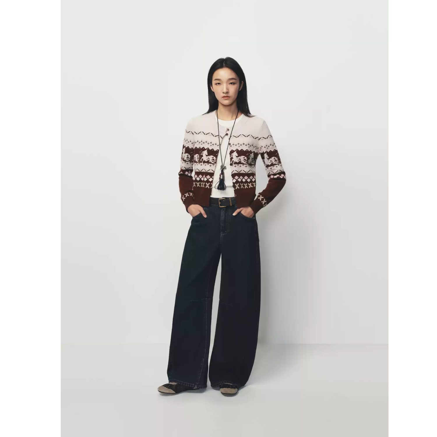 AVVENN Belted Dark Wash Wide-Leg Jeans Navy Blue