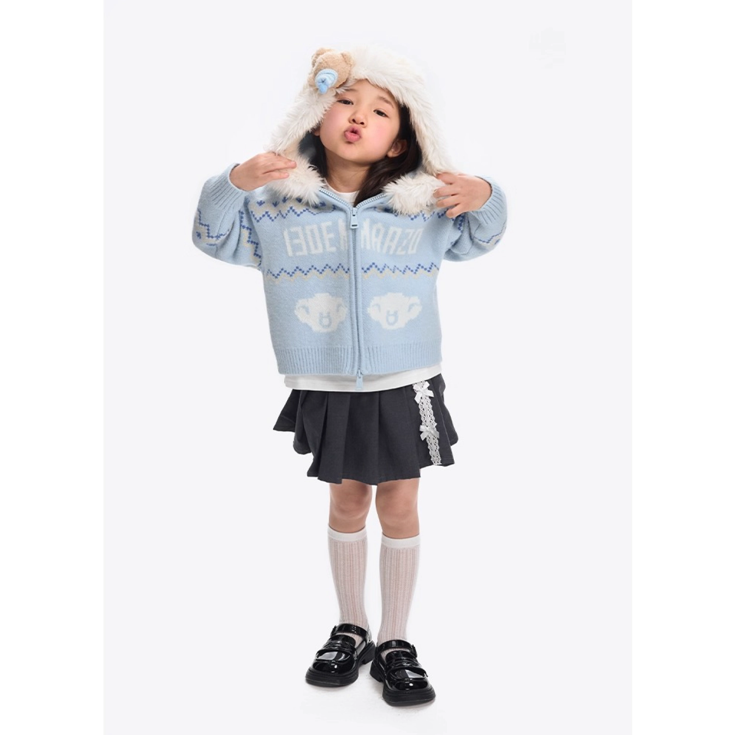 13DE MARZO Babybear Fair lsle Zip Hoodie Blue