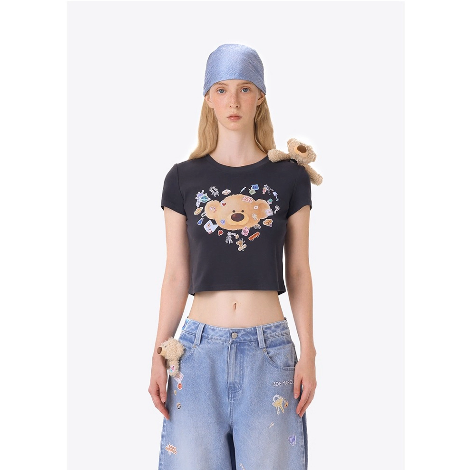 13DE MARZO Bear Stickers Top Dark Grey