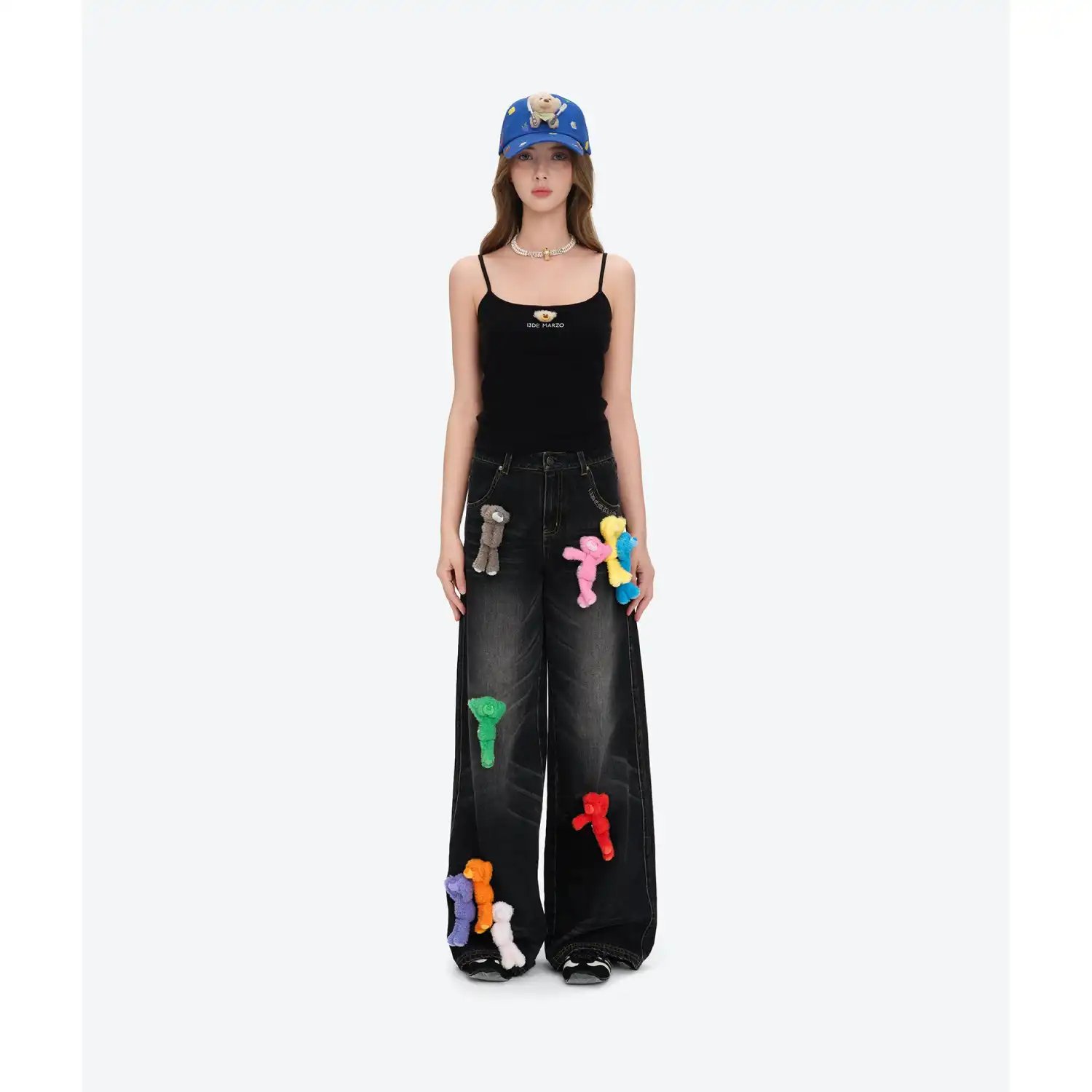 13DE MARZO Colorful All-Over Bear Print Jeans Black front view