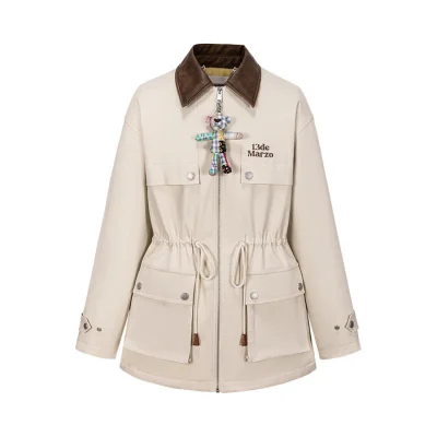 13DE MARZO Patchwork Bear Parka Coat Beige